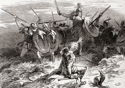 Een scène uit William Shakespeares toneelstuk Troilus en Cressida, Act V, Scene 10, Achilles: Sla, kameraden, sla, dit is de man die ik zoek, uit De Werken van William Shakespeare, gepubliceerd 1896 door Gordon Frederick Browne